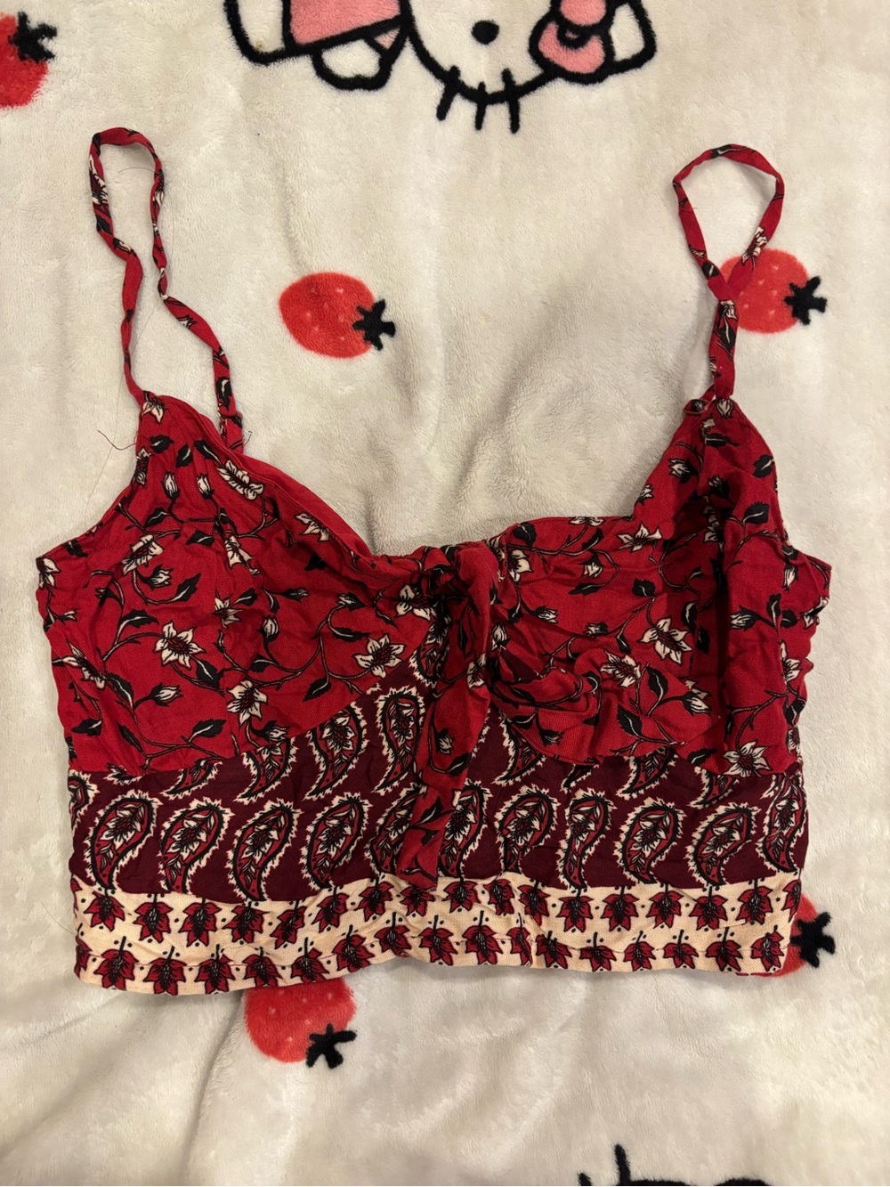 Red Floral Tie-Front Cropped Cami Top - Women's